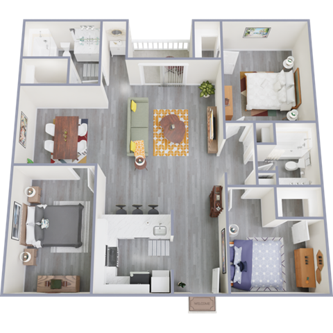 Floor plan for 3 beds, 2 baths, 1070 sqft